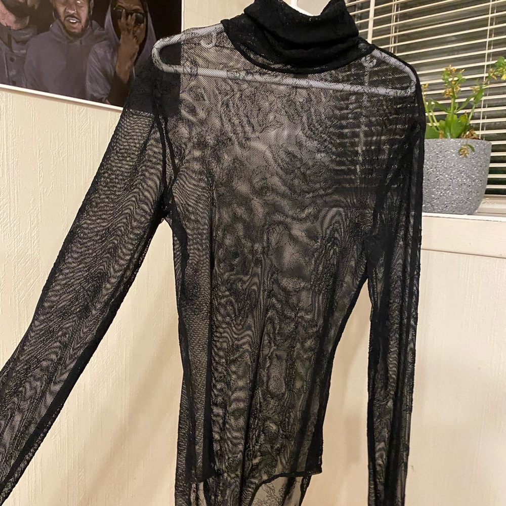 Swipe for photos! Mesh Turtle neck body suit with velvety floral pattern.